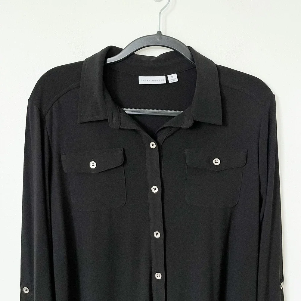 Susan Graver Liquid Knit Button Down Shirt Dress Womens Medium Black